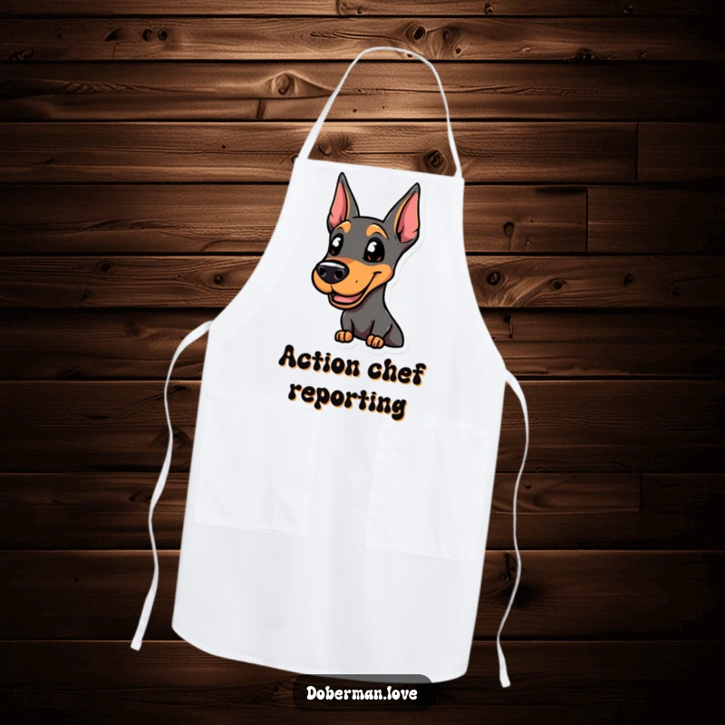 Funny smiling Doberman apron, alert and ready for action, a humorous guardian for the kitchen.