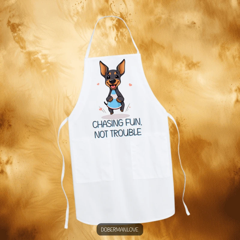 Funny doberman apron showing a giggling dog doing a happy zoomie around a cone, perfect for a humorous cooking experience.