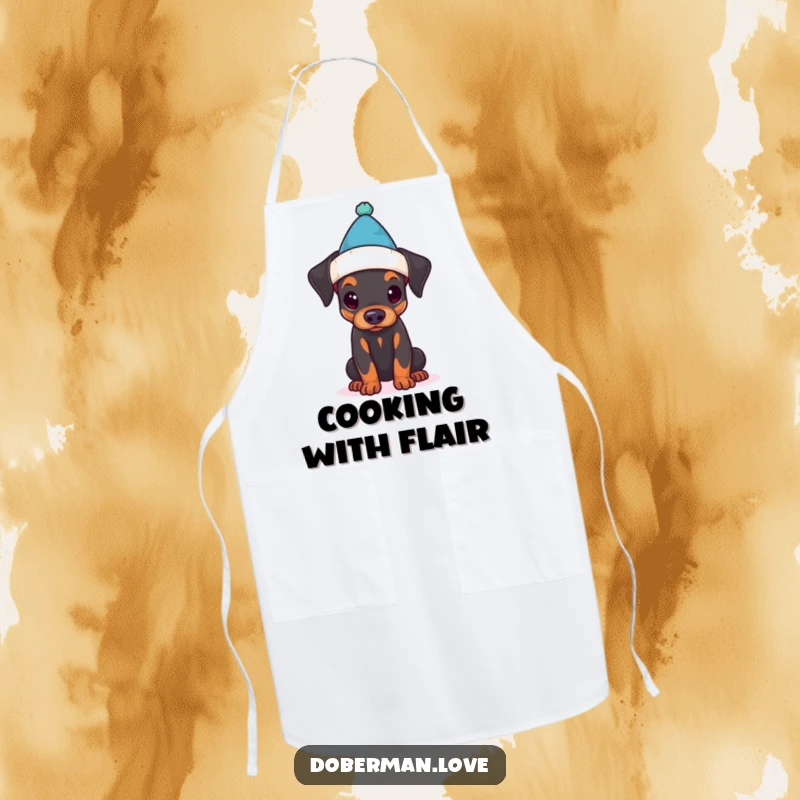 Funny apron depicting a Doberman puppy comically attempting to wear a miniature hat, perfect for a fun-loving cook.