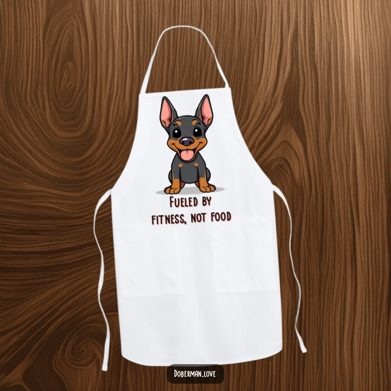 Funny Doberman apron featuring a happy panting dog, tongue out, ready to cook up a storm with a smile.