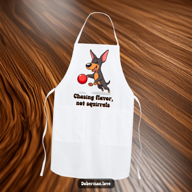 Funny Doberman Apron: Playful Doberman leaping to catch a red ball, humorous and practical kitchen wear for dog lovers.