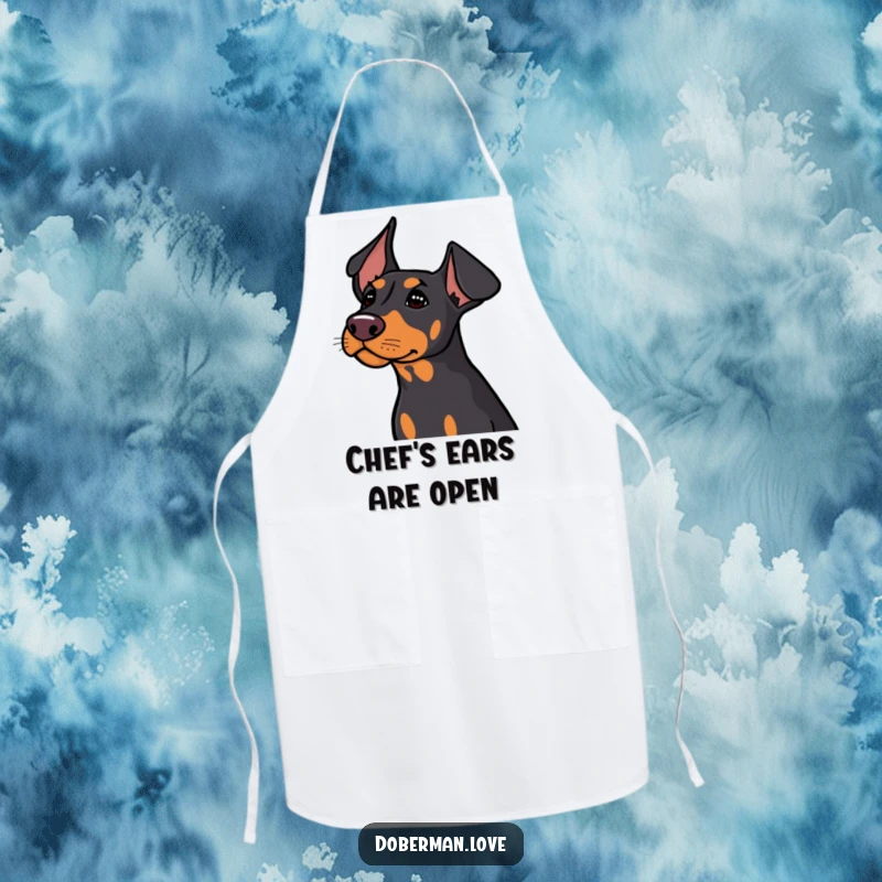 Funny Doberman apron showing ears perked, listening intently, adding a humorous touch to kitchen tasks.