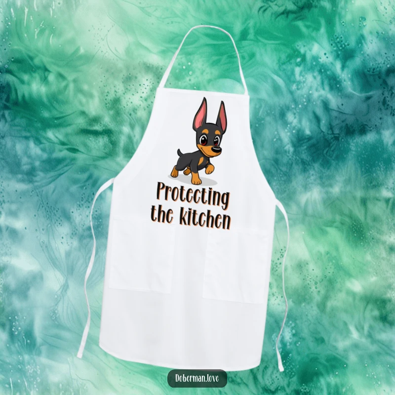Funny Doberman apron depicting a dog with alert eyes, humorously pretending to chase a shadow while cooking, a fun kitchen accessory.