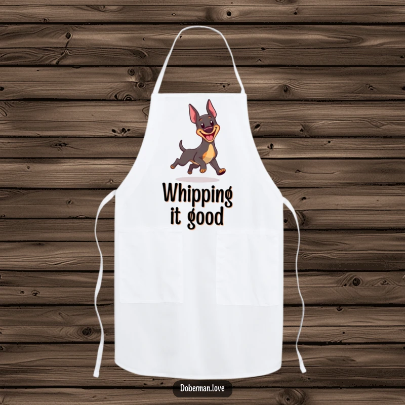 Funny Kawaii Doberman apron featuring a joyful dog with a big grin, comically chasing its tail, perfect for kitchen fun.