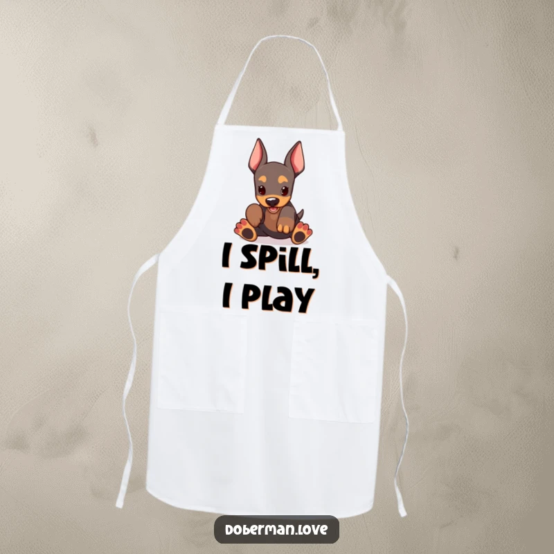 Funny Doberman Apron with a kawaii doberman puppy, oversized paws playfully active, adding humor to cooking and kitchen tasks.