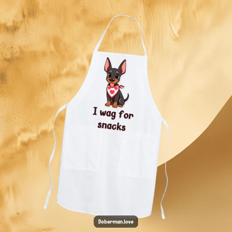 Funny Doberman Apron featuring a kawaii doberman puppy in a bandana, its tail wagging happily, adding joy to cooking.