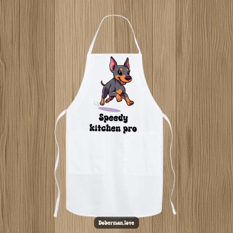 Funny little Doberman apron showing a dog with a sleek coat running with speed, a humorous addition for the kitchen.