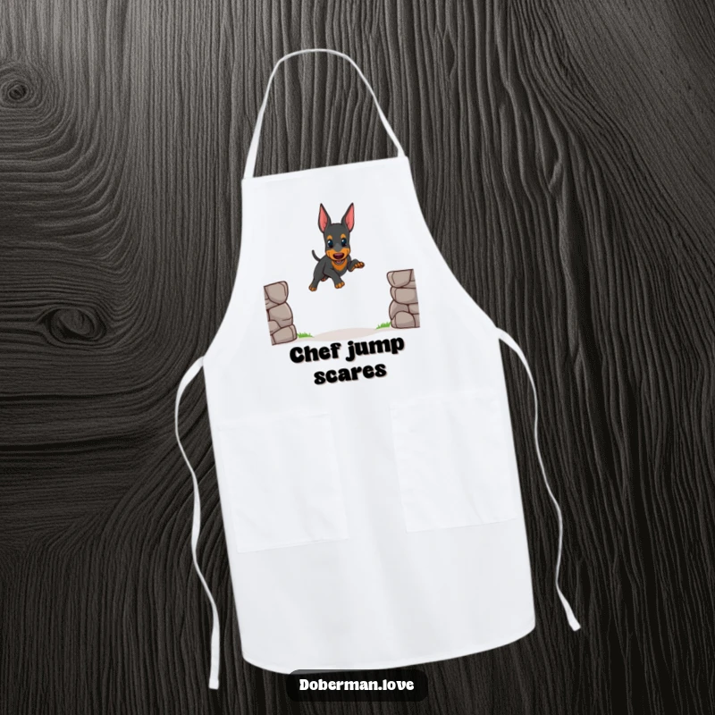 Funny apron graphic of a small Doberman puppy attempting a wobbly jump, perfect for adding cute humor to kitchen activities.