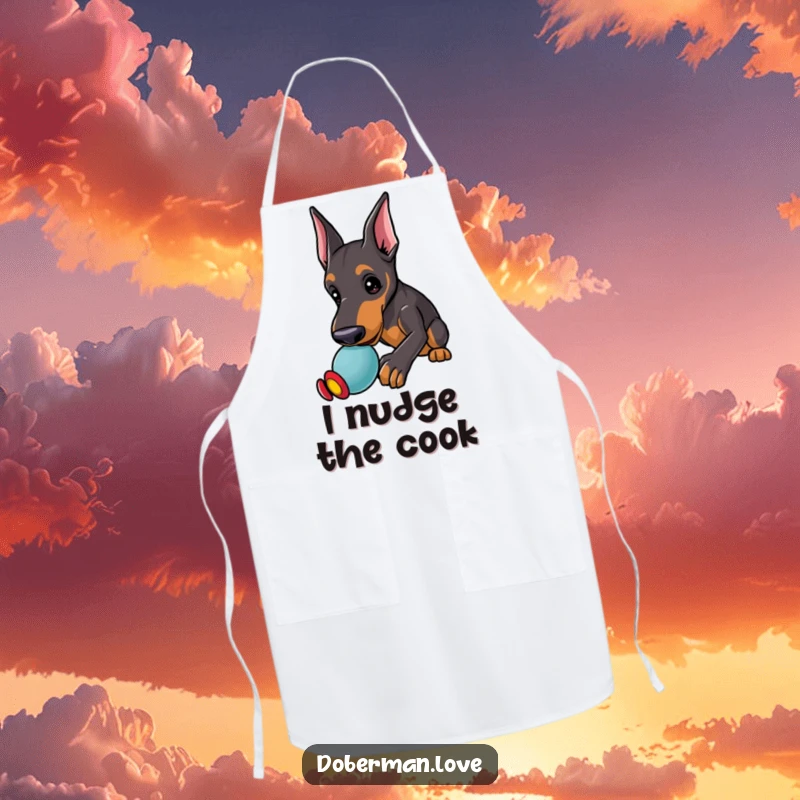 Funny Doberman Apron featuring a kawaii doberman puppy with alert ears, playfully nudging a toy, adding humor to cooking.