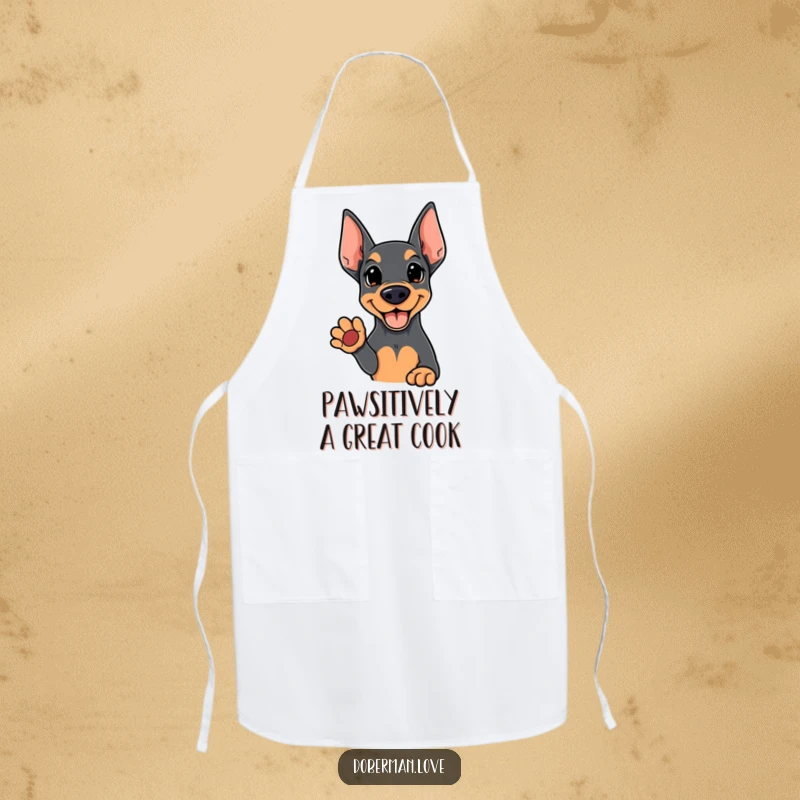 Funny Kawaii Doberman apron showing a cute dog offering a helpful paw, ideal for cooking and baking with a smile.