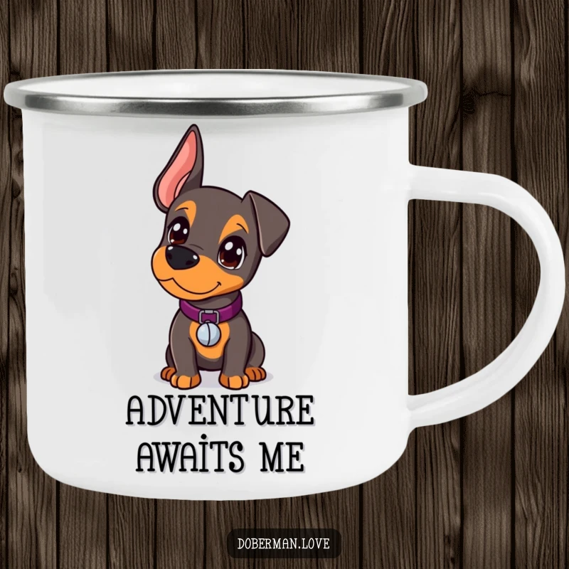 Funny Doberman Camping Mug featuring a curious kawaii doberman puppy with a tiny bell collar, ready for outdoor exploration.
