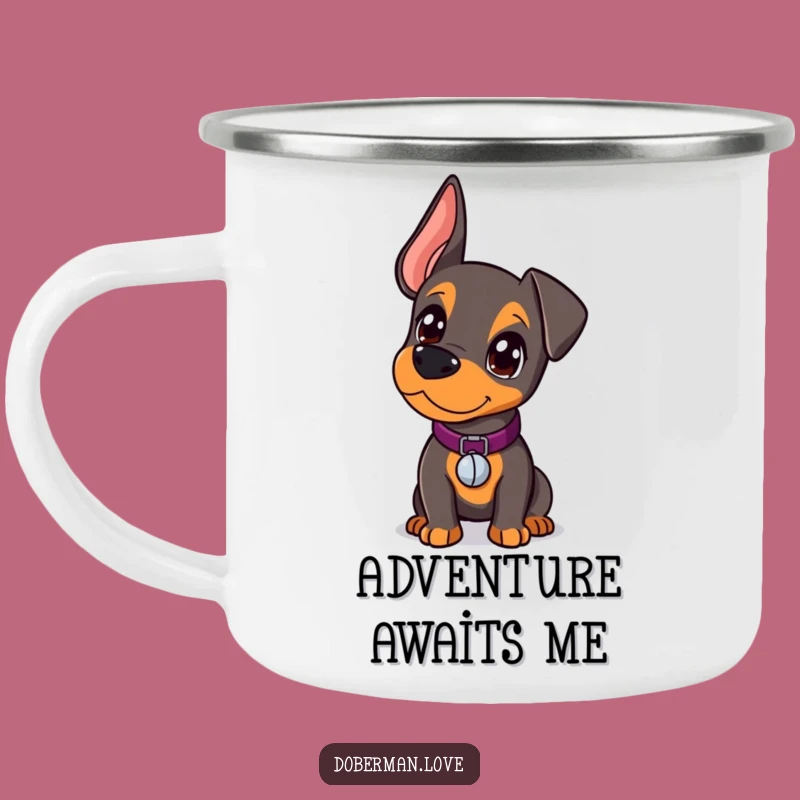 Funny Kawaii Doberman Camping Mug: Curious Pup, Bell Collar, Adventure Gift