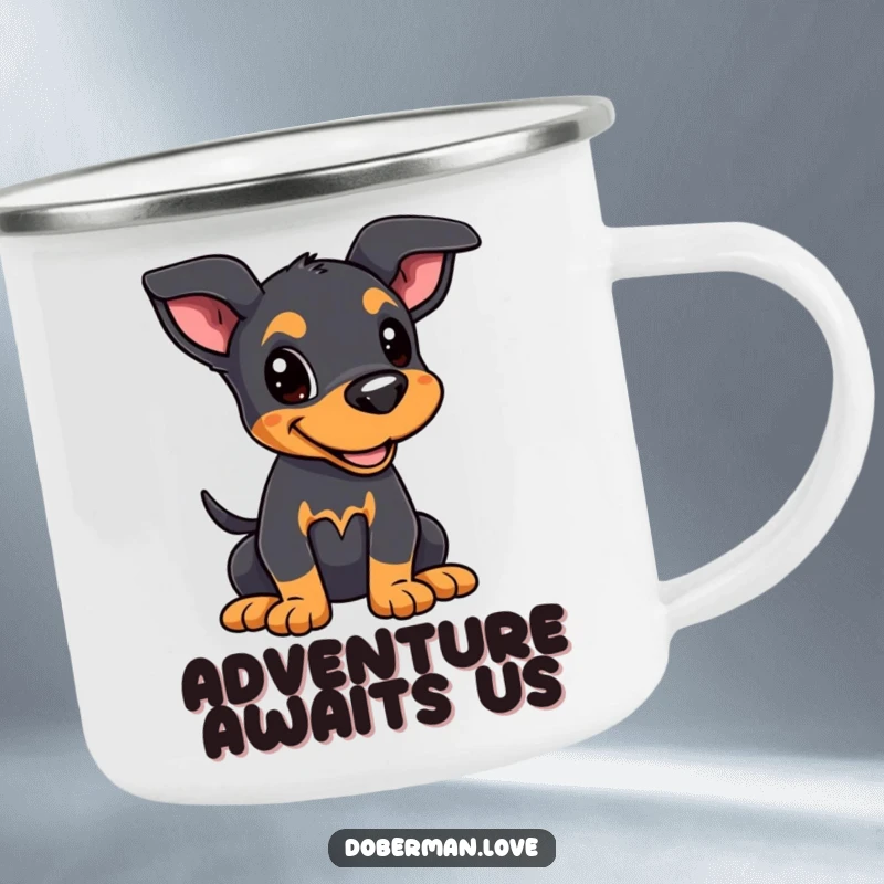 Funny Kawaii Doberman Puppy Camping Mug: A Doberman puppy with alert ears and wagging tail, a fun outdoor funny gift.