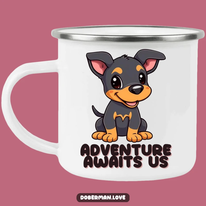 Funny Kawaii Doberman Puppy Camping Mug: Joyful Alert Dog Outdoor Gift!