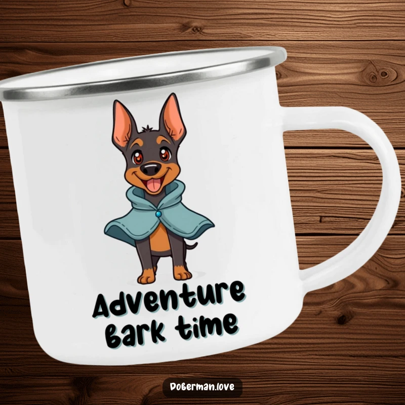 Funny Doberman Hero Camping Mug featuring a playful doberman barking happily with a small cape. Durable enamel mug for outdoor enthusiasts and dog fans.
