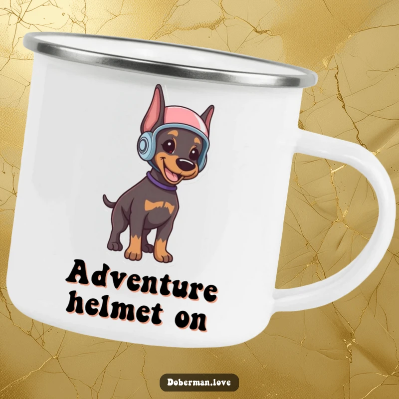 Funny Doberman puppy camping mug featuring a smiling puppy in a helmet, standing alert, ready for outdoor fun and humor.