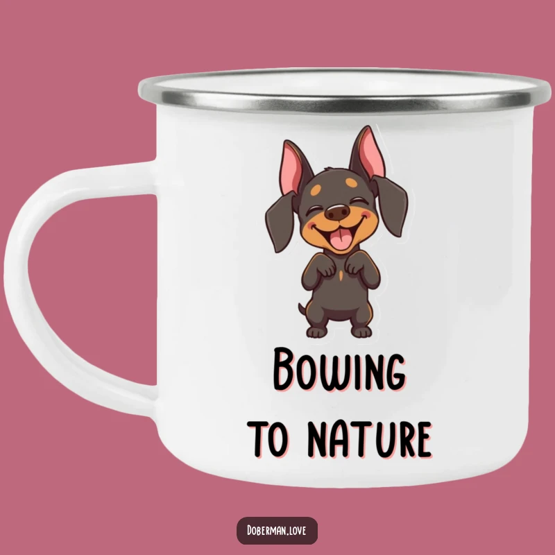 Funny Joyful Doberman Bow Camping Mug: Adventure with Playful Dog Fun!