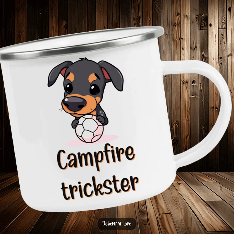 Funny Kawaii Doberman Camping Mug showing a dog balancing a small ball on its snout, for outdoor humor.