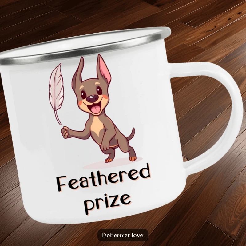 Funny Kawaii Doberman camping mug showing an energetic dog leaping towards a feather, durable and perfect for outdoor fun.