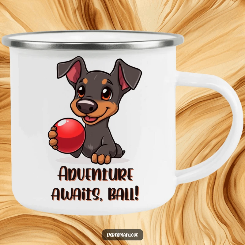 Funny Doberman camping mug showing a delighted dog with adoring eyes, holding a shiny red ball, ready for adventure.