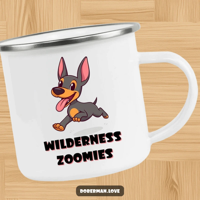 Funny Doberman Camping Mug: Doberman running with tongue out in joyful abandon, durable and humorous mug for outdoor enthusiasts.