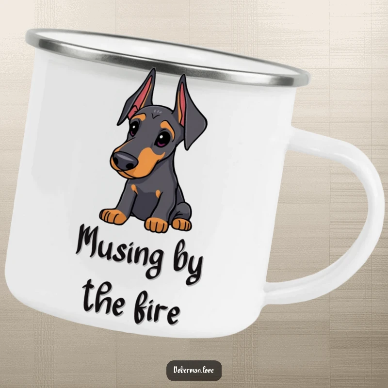 Funny Doberman Camping Mug: Sleek dog with alert ears, looking thoughtfully curious, durable and humorous mug for outdoor enthusiasts.