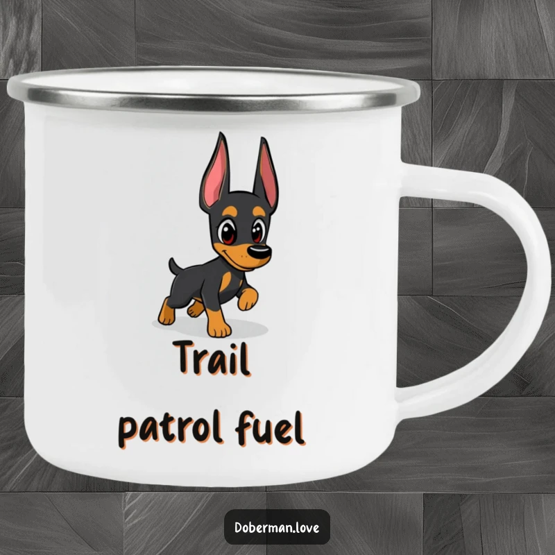 Funny Doberman camping mug showing a dog with watchful eyes alertly chasing a shadow, designed for outdoor enthusiasts who love humor.