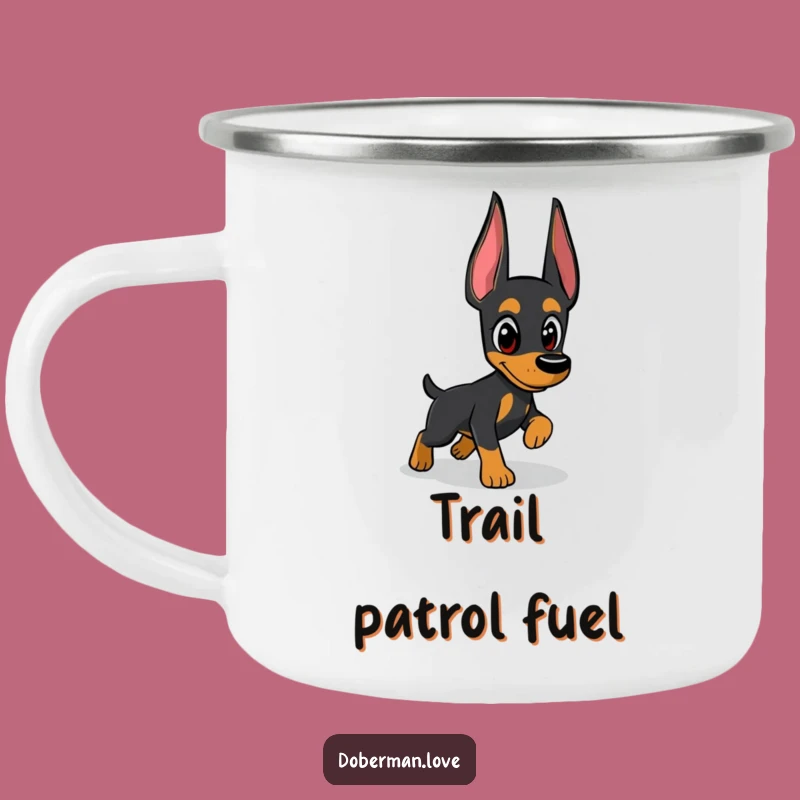 Funny Doberman Camping Mug: Trail Shadow Chaser, Rugged Funny Gift