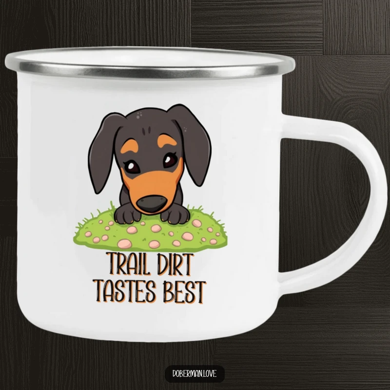 Funny Doberman Camping Mug: Energetic dog digging in moss, a humorous and durable outdoor mug.