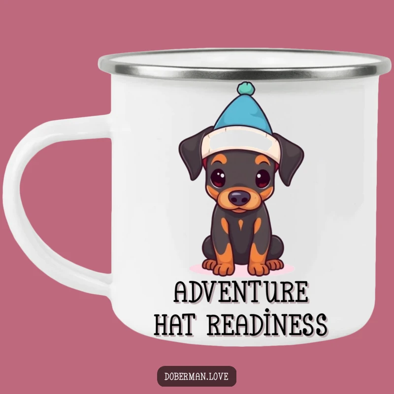 Funny Doberman Puppy Camping Mug: Tiny Hat Adventures and Cozy Sips!