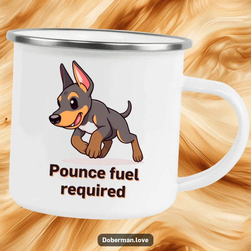 Funny Doberman puppy camping mug featuring an energetic puppy in a determined pounce, ready for outdoor fun and humorous adventures.