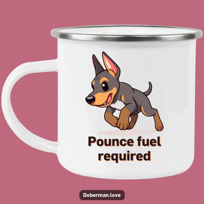 Funny Doberman Puppy Camping Mug: Trail Pouncer, Rugged Funny Gift