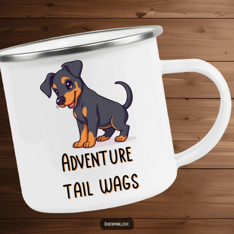 Funny Doberman puppy enamel camping mug with floppy ears and a wagging tail, durable and perfect for outdoor trips.