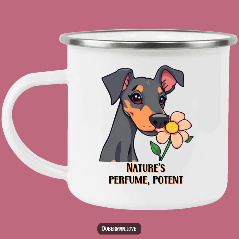 Funny Doberman Sniffing Flower Camping Mug: Adventure with Canine Curiosity
