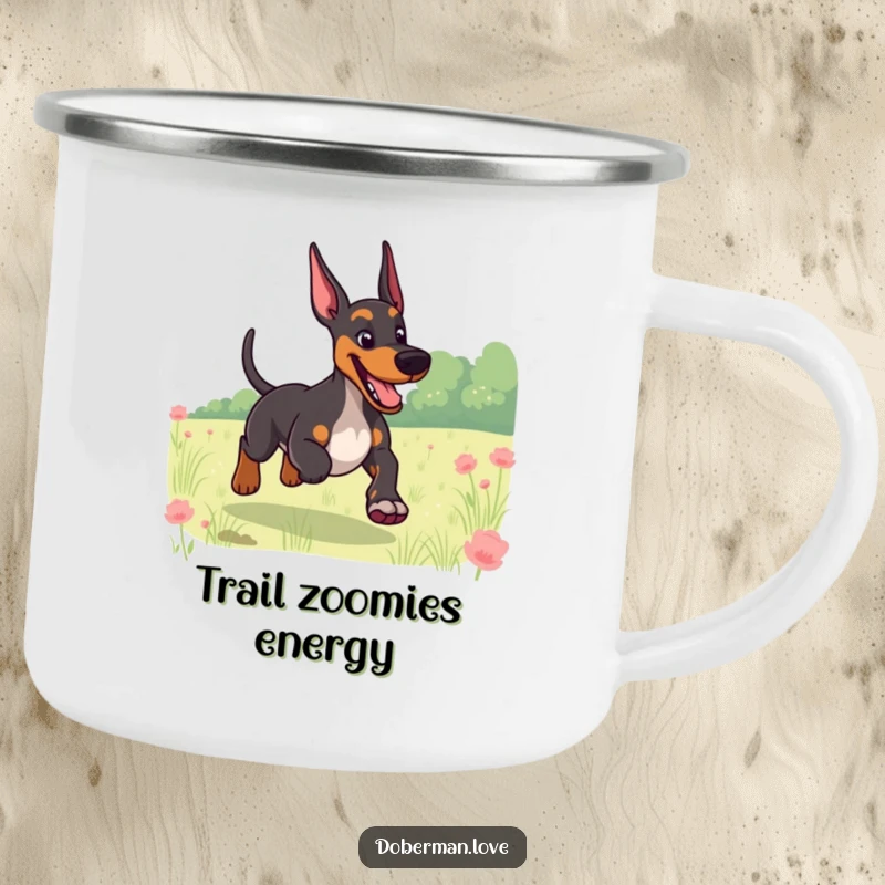 Funny camping mug featuring a giggling Doberman with a wagging tail, running through a field, ready for outdoor fun.