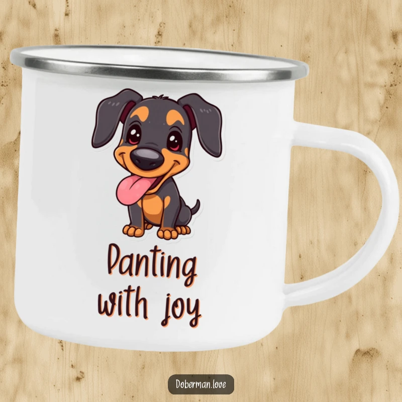 Funny joyful Doberman camping mug with a happy panting dog in a proud stance, perfect for enjoying drinks with cheerful humor.