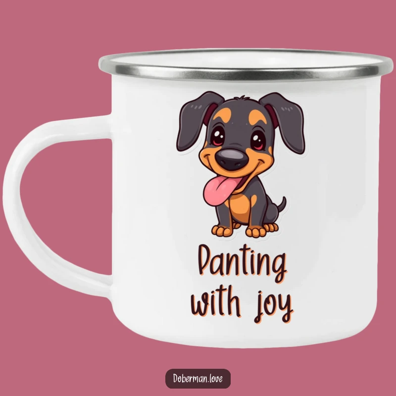 Funny Joyful Doberman Camping Mug, Happy Panting Dog, Proud Stance - Adventure Joy