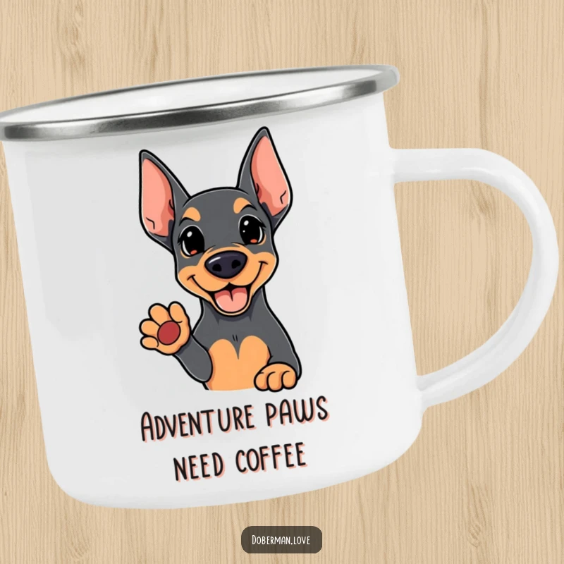 Funny Kawaii Doberman camping mug showing a cute dog offering a friendly paw, durable for outdoor use.