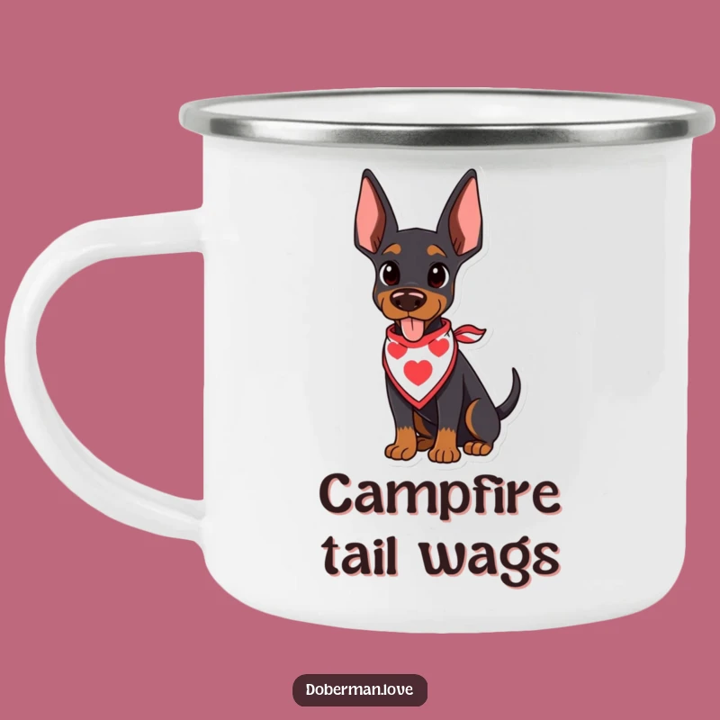 Funny Kawaii Doberman Camping Mug: Wagging Tail, Bandana, Adventure Joy Gift