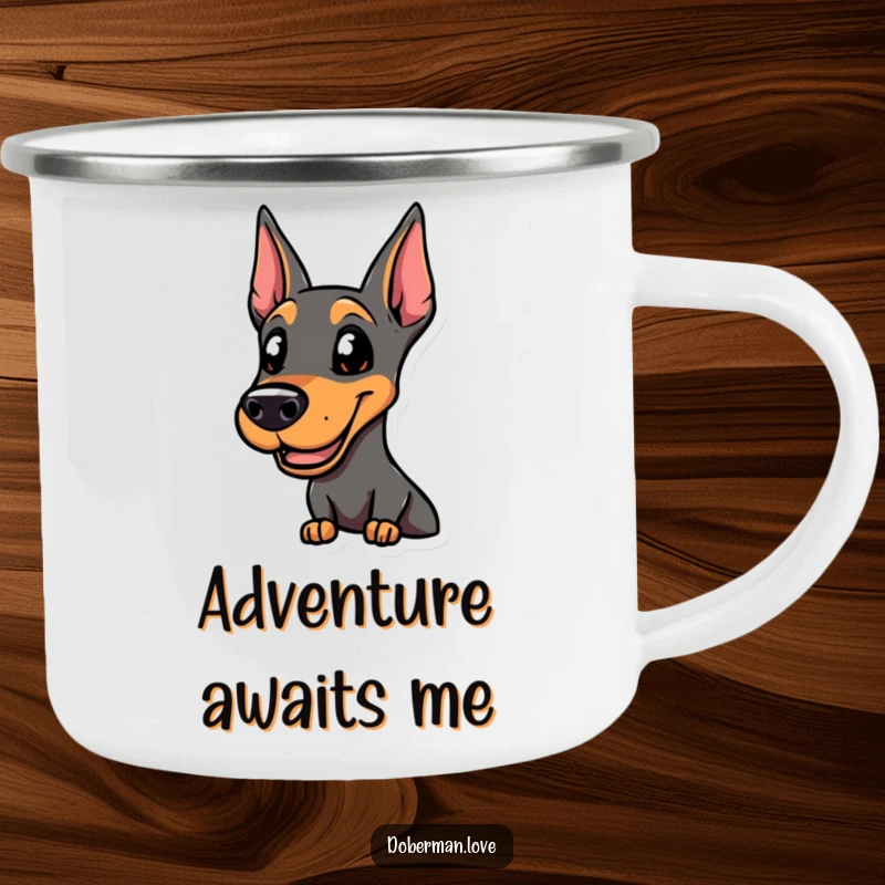 Funny smiling Doberman camping mug, alert and ready for action, perfect for enjoying drinks with a humorous, protective vibe.