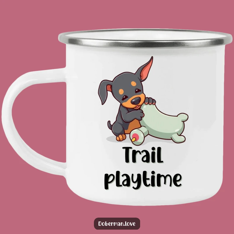 Funny Tiny Doberman Camping Mug: Playful Pup, Outdoor Toy, Gift