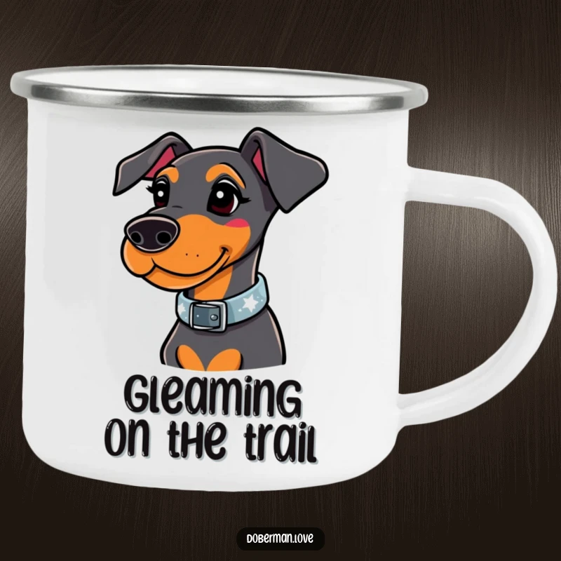 Funny doberman camping mug depicting a whimsical dog wearing a stylish collar that sparkles brightly, ready for the outdoors.