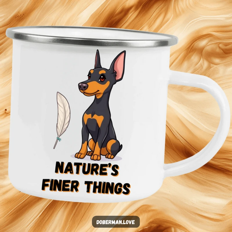 Funny Camping Mug featuring a proud Doberman observing a fluttering feather, perfect for outdoor beverages and sophisticated moments.