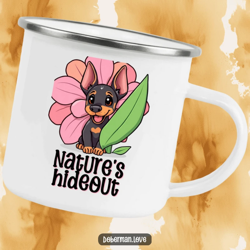 Funny Doberman cub peeking from a giant flower, ready for campfire stories on this enamel mug.