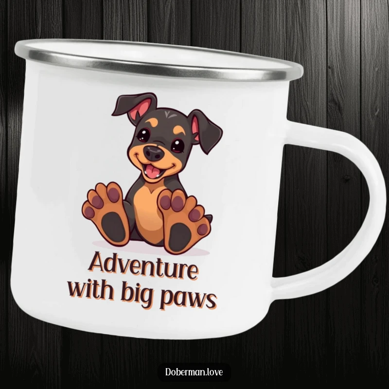 Funny kawaii doberman puppy with oversized paws, enthusiastically playing, on a sturdy camping mug.