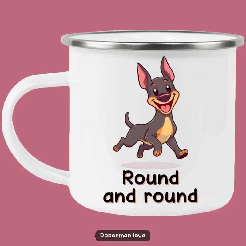 Funny Kawaii Doberman Camping Mug: Happy Grin, Tail Chase Adventures, Durable & Hilarious