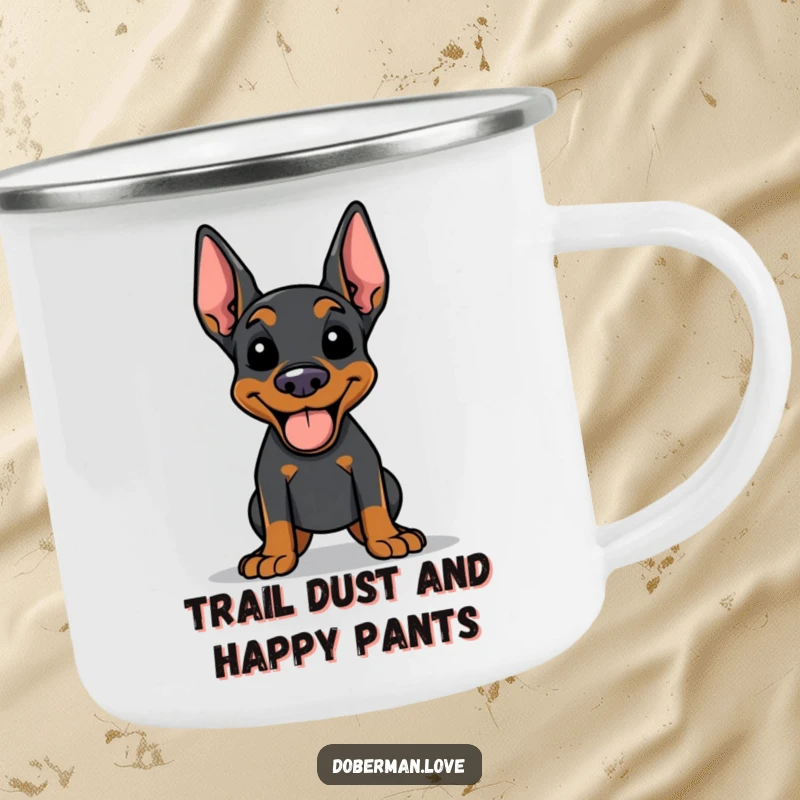 Funny Doberman camping mug showing a happy dog panting with its tongue out, ready for any adventure, outdoorsy and cheerful.