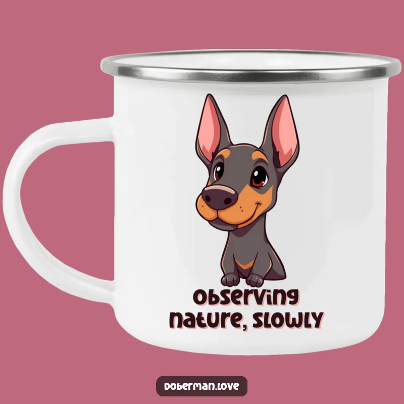 Rugged Funny Doberman Head Tilt Camping Mug: Outdoor Alertness, Great Funny Gift