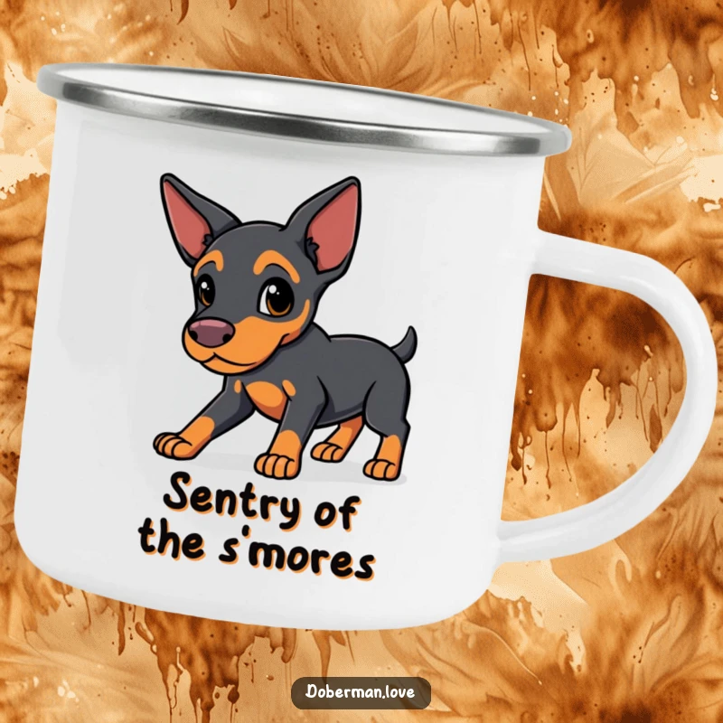 Funny Protective Doberman Camping Mug: a sleek-eared kawaii dog in a protective stance, perfect for enjoying beverages outdoors.