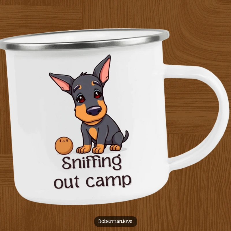 Funny Doberman camping mug showing a dog tilting its head curiously, sniffing an object, ready for outdoor adventures with humor.